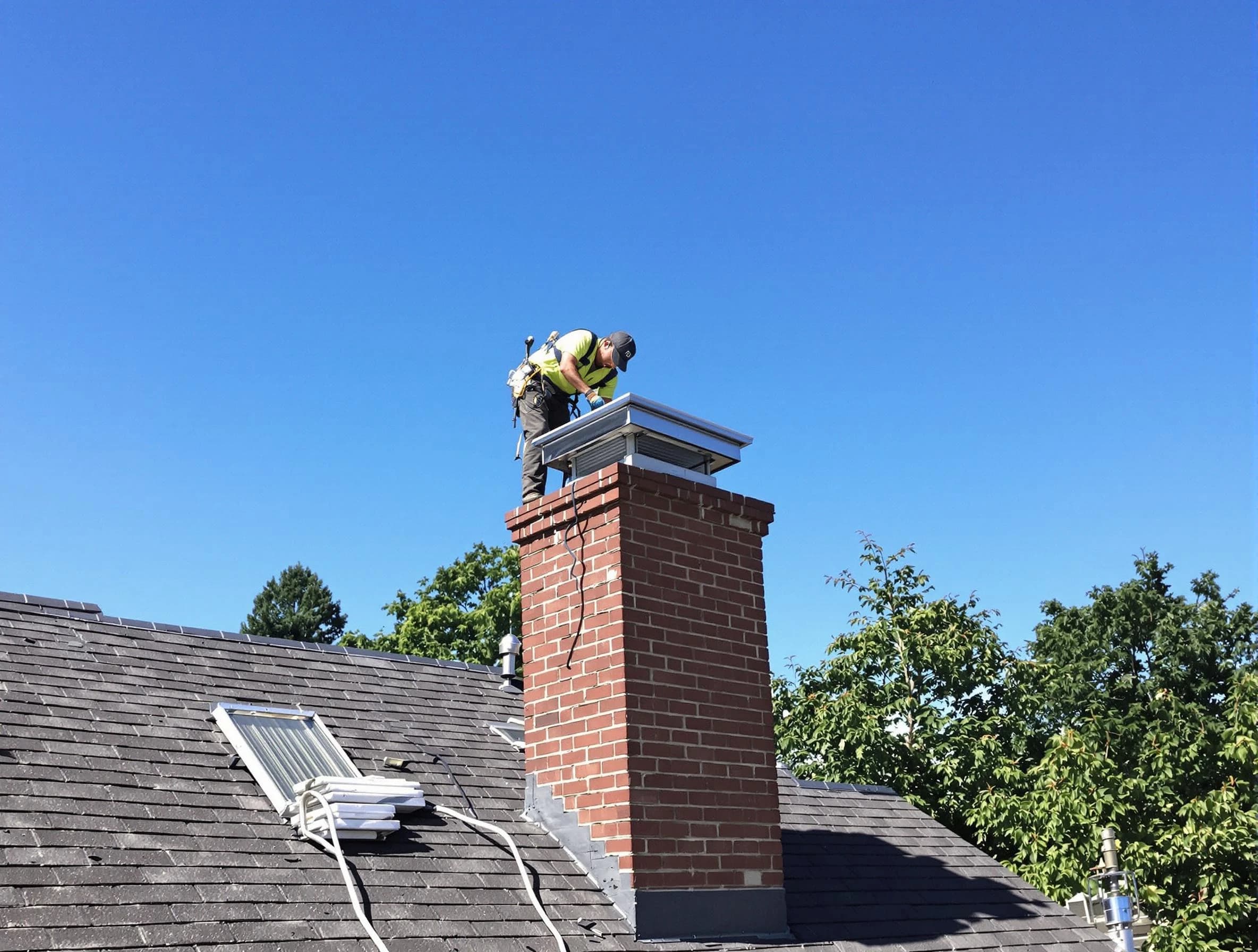 Weymouth Chimney Sweep technician measuring a chimney cap in Weymouth, MA